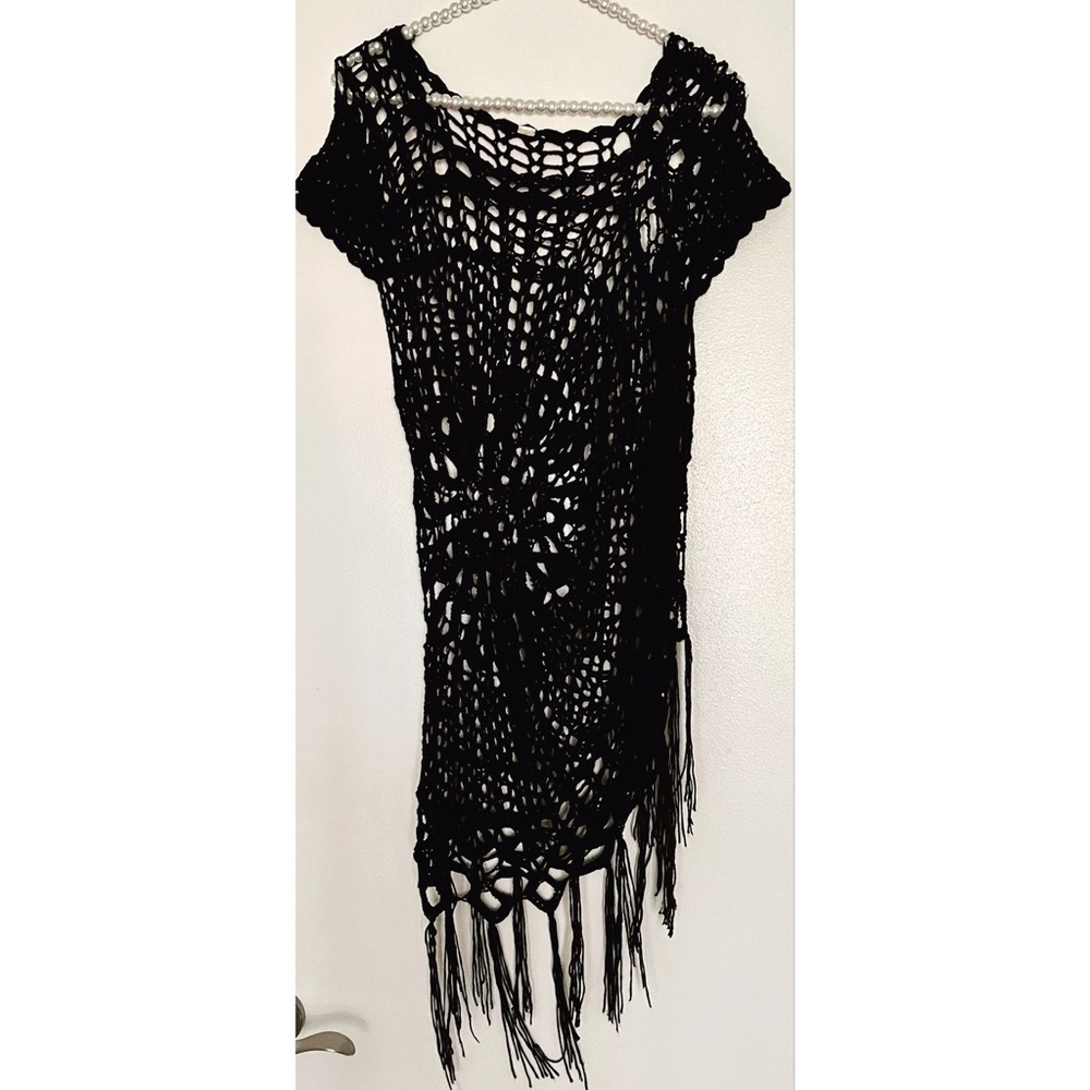Crochet Black Fringe Cover Up Beach Top M/L